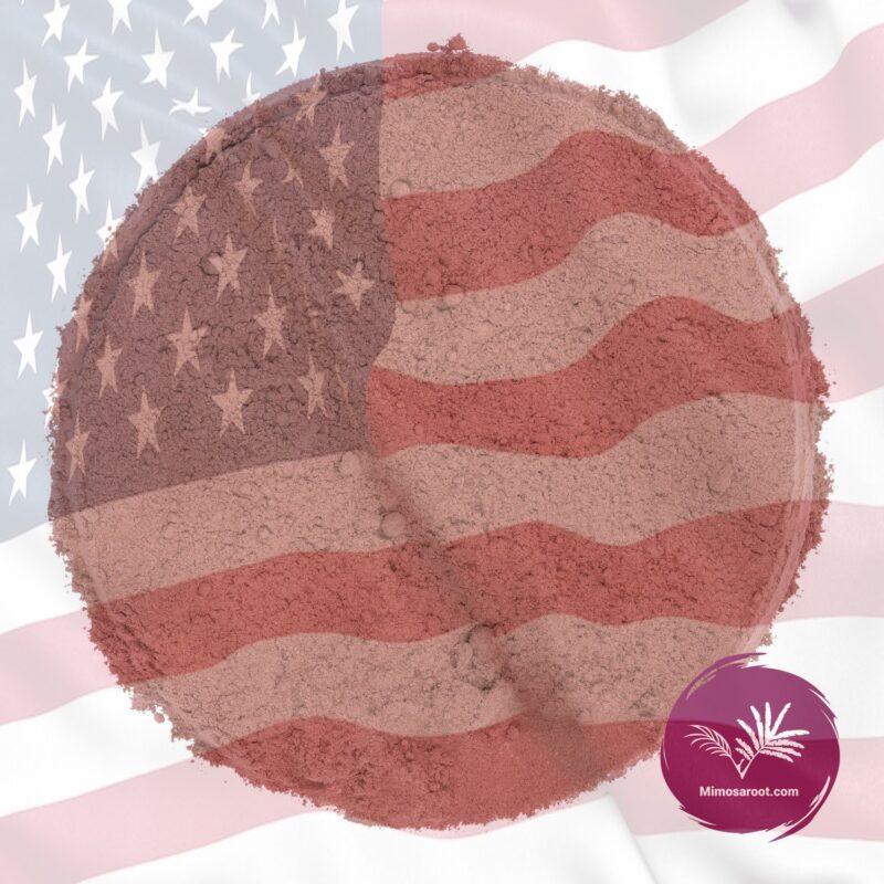 Brazilian Mimosa Hostilis Root Bark powder with a translucent U.S. flag overlay, symbolizing fast and reliable shipping from the USA. High-quality and finely ground for versatile use